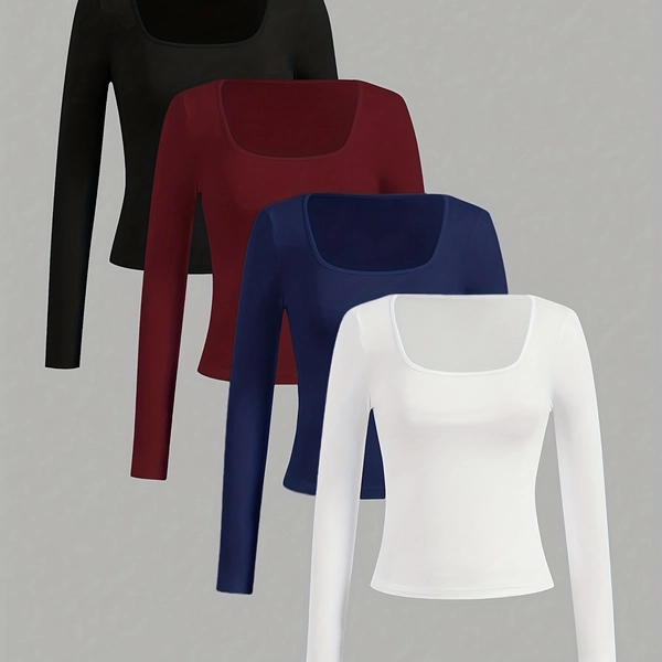 Women'S Autumn And Winter Long-Sleeve Tops, Versatile Base Layer, Stylish Fitted Clothing, 4pcs Set