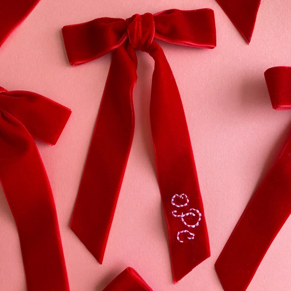 Custom Embroidered Velvet Hair Bow: Personalized Monogrammed Hair Clip