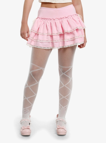 Sweet Society Pastel Pink Cream Lace Trim Tiered Skort