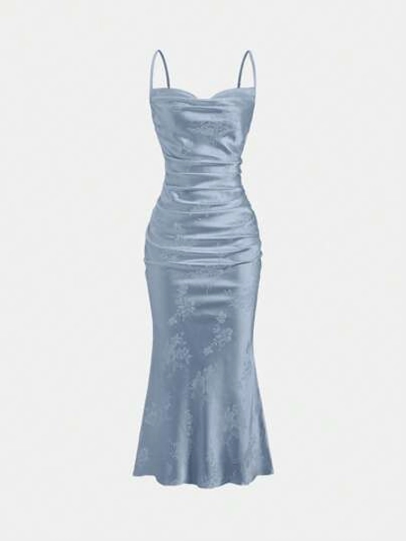 Sweetra Women's Spaghetti Strap Ruched Backless Bodycon Elegant Dress Maxi Satin Women Outfit