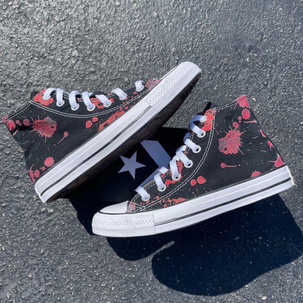 Blood Splatter Black High Tops - Custom High Top Converse murder spooky scary horror half way to halloween costume knife fake blood splatter