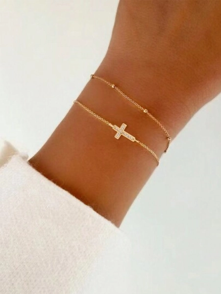 Nooxian 2pcs/Set Multilayer Gold Flat Cross Link Chain Bracelet, Copper Cross CZ Pendant Jewelry Gift For Women (Random Bead Count)