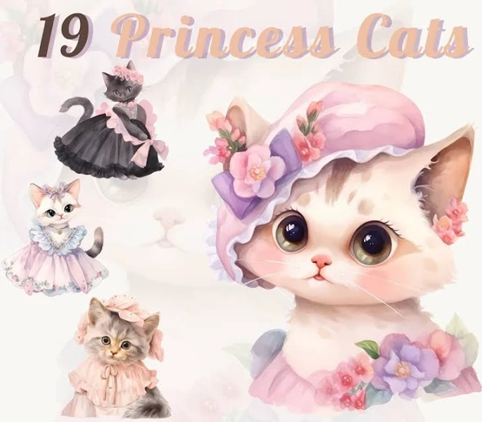 Watercolor Princess Cat Clipart Bundle