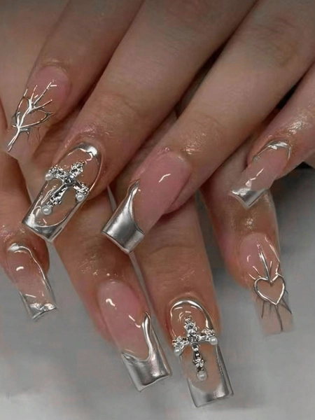 24pcs Silver Cross Decor Acrylic Nail Stickers, Long Square Shape, French Manicure Style, Includes 1pc Gel Polish And 1pc Nail File