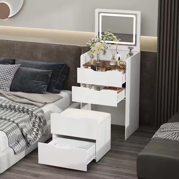 3-Drawer White Wood Makeup Vanity Set Dresser Table with Flip-Top Mirror, See-Through Glass Top, Lights, Stool