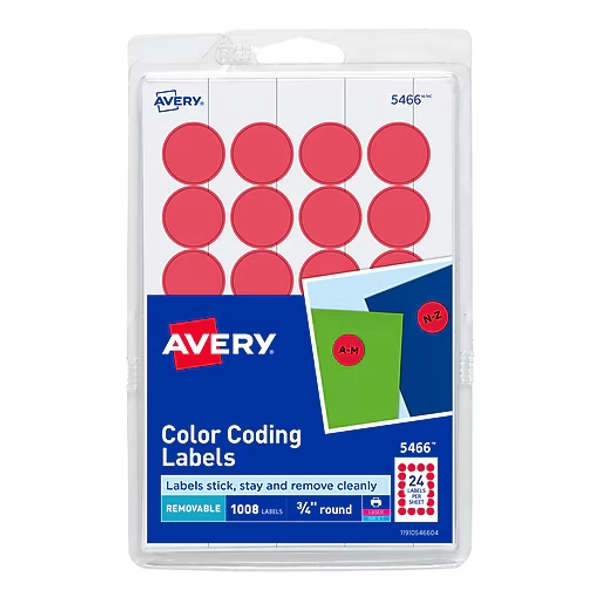 Avery Laser/Inkjet Color-Coding Labels, 3/4" Dia, Red, 1,008 Labels/Pack (5466)