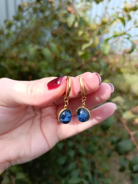 Gold plated Stainless Steel hoop/huggie earrings with blue glass vintage cabachon