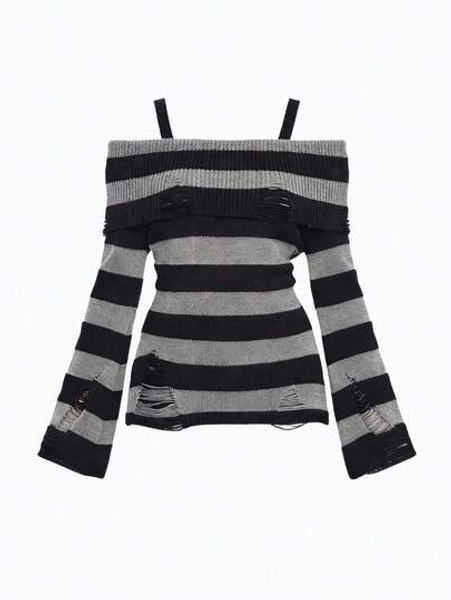 ROMWE Goth Spring Casual Fashionable Dark Punk Distressed Design Waist Cinched Off-Shoulder Crew Neck Black & Grey Striped Sweater - Size XS