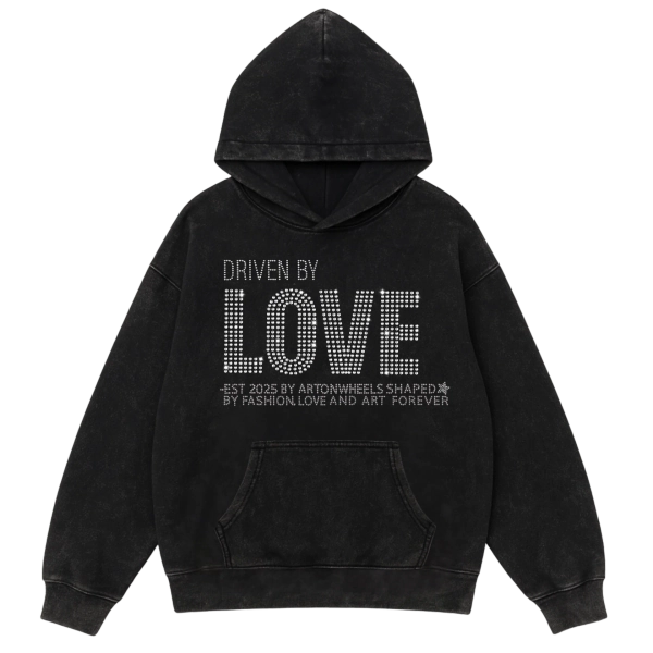 Driven by LOVE Rhinestone Hoodie - Faded Black / S