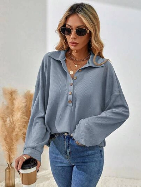 EMERY ROSE Casual Solid Color Drop Shoulder Loose T-Shirt, Autumn
