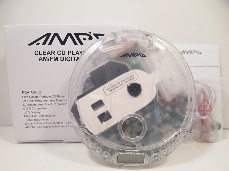 Amp'd Clear Transparent Portable CD Player AM FM Radio w Clear Earbuds Brand New