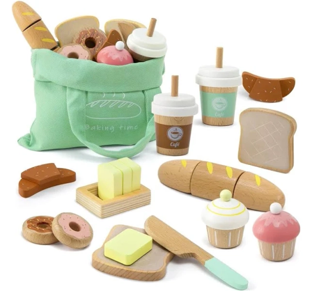 17 Pcs Wooden Bakery Toy Food Playset For Kids, Pretend Picnic Play