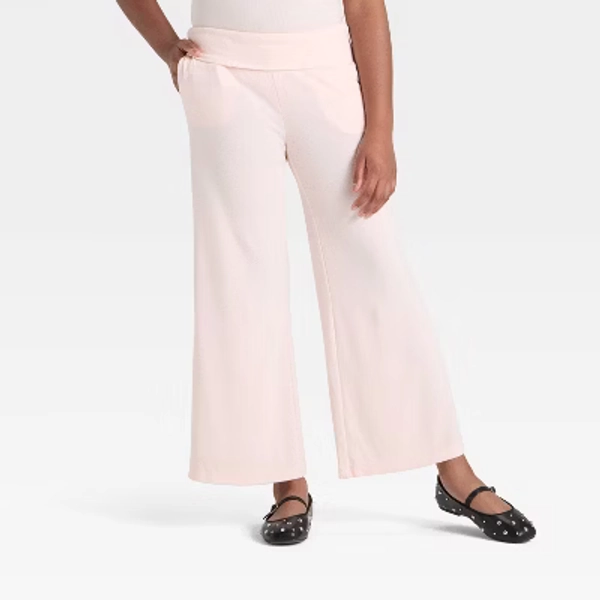 Girls' Foldover Waist Cozy Rib-Knit Flare Pant - art class™ Pink S