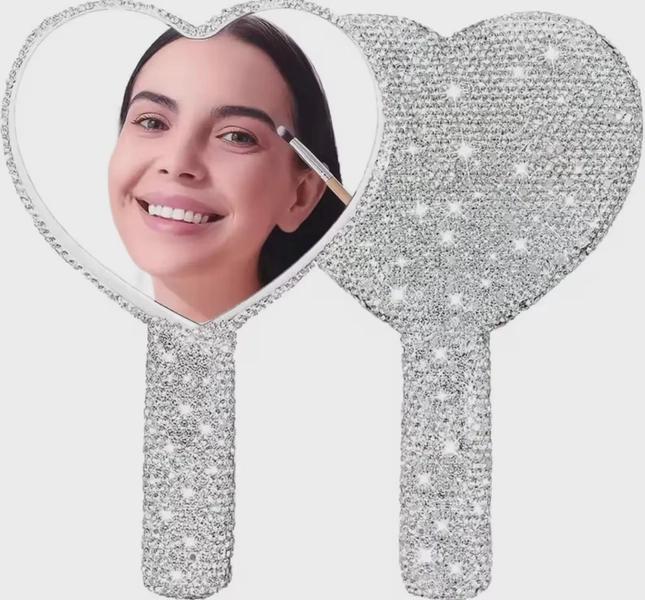 Diamond Heart Handheld Makeup Mirror | Sparkly Rhinestone Vanity Mirror | Gift for Girls & Women