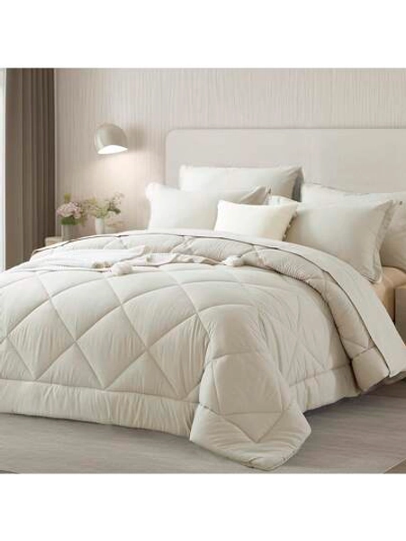 5/7 Piece Solid Color Bed Comforter Set Queen, Creative Geometric Pattern Design, Soft And Comfortable Summer Bedding Set.Bed In A Bag For All Seasons, Includes Comforter, Flat Sheet, Fitted Sheet, Pillowcases,  Ideal Gift.