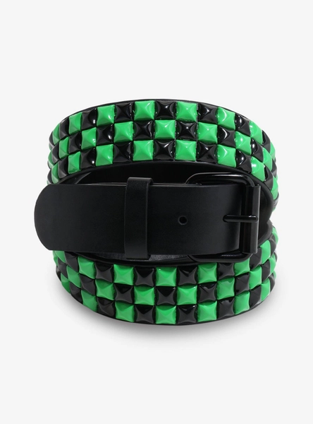 Black & Green Three Row Pyramid Stud Belt