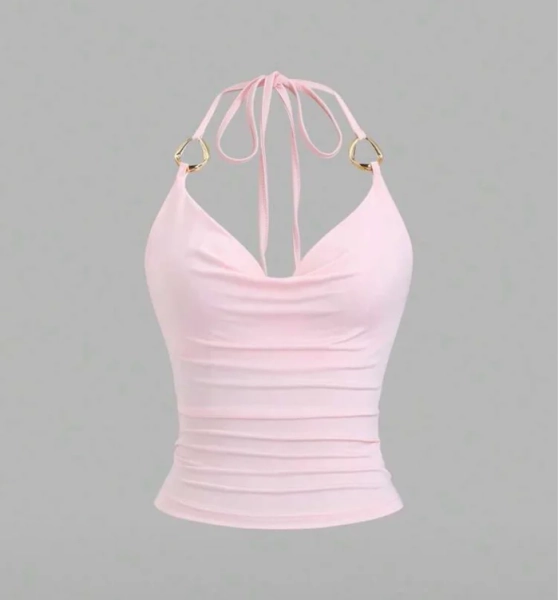 Sweetra New Y2K Metal Ring Decor Commuter Versatile Draped Neck Tie Strap Women Tank Top