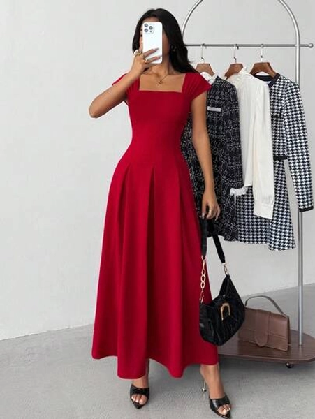 Teen Girls Casual Elegant Simple Exquisite Commuting Daily New Year Square Neck Pleated A-Line Red Midi Dress Suitable For Girls, Tea Party Dresses, Red Graduation Dresses,  Square Neck Dress, Red Dress, Cap Sleeve Dress, Pleated Dress