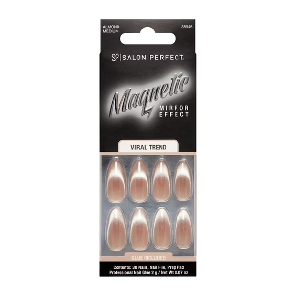 Salon Perfect Artificial Fake Press On Nails, 121 Magnetic Silver, Medium Almond, File, Glue, and Prep Pad Included, 30 Nails