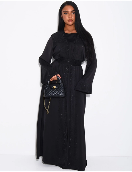 Satin set with tie-up sleeveless dress and rhinestone kimono