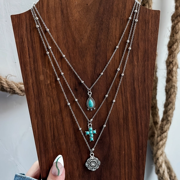 Set of 3 Alloy Imitation Turquoise Pendant Necklaces Featuring Vintage Western Cowboy-Style Cross And Teardrop-Shaped Pendants for Layered Wearing