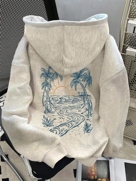 SHEIN Women's Casual Loose Fit Palm Tree Print Long Sleeve Hoodie Sweatshirt, Autumn