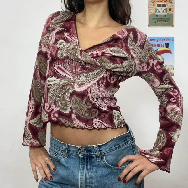 Y2K burgundy paisley print long sleeve blouse top...