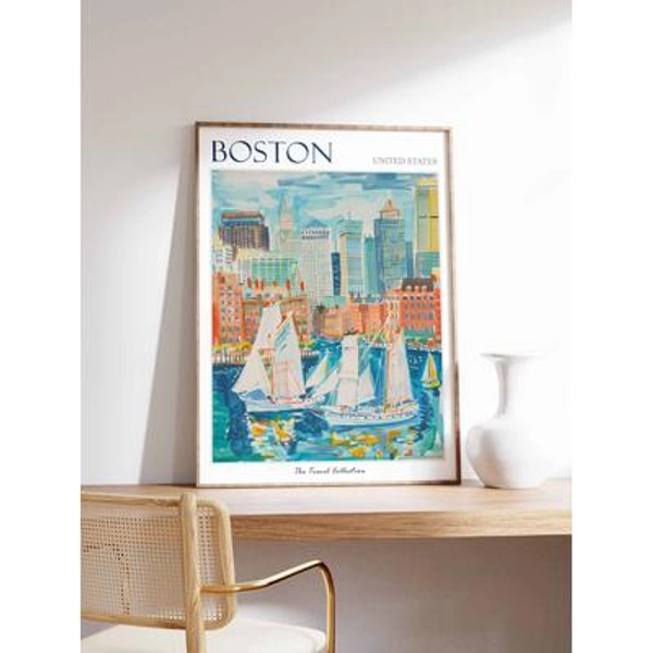 Boston Travel Poster: Historic Cityscape & Harbor Art Print