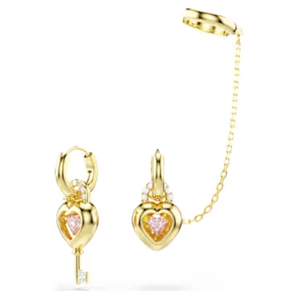 Idyllia drop earrings with ear cuff, Mixed cuts, Heart with key, Pink, 18K gold finish