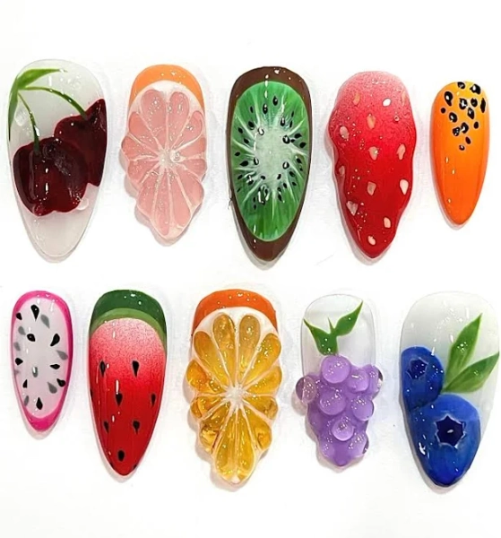 Fruit Lovers Fun Fruit Summer Themed Custom Shapes Handmade Press On Fake Nails