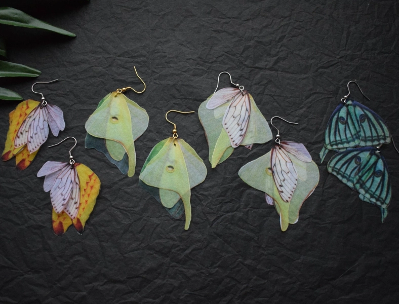 Luna moth wings silk butterflies dangle drop earrings - Comet moth jewelry for girl and woman gift