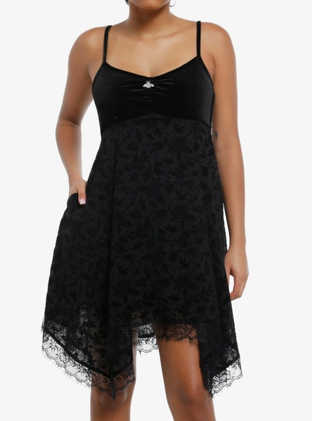 Cosmic Aura Floral Flocked Lace Hanky Hem Cami Dress