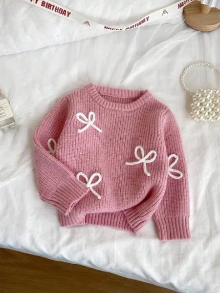 SHEIN Girls' Regular Fit Round Neck Knit Sweater with Bow