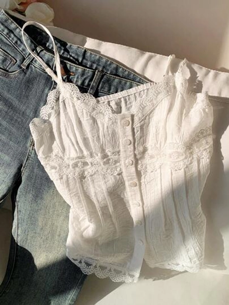 Comfortcana Women Solid Color Lace Splicing Button Design Summer Camisole Top
