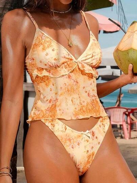 Swim Mod 2pcs/Set Random Floral Print Adjustable Shoulder Strap Bow Decorated Triangle Bikini Top And Bottoms For Summer Beach Vacation