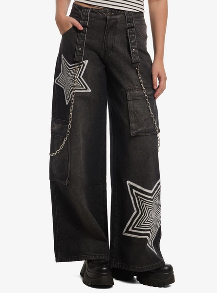 Social Collision Dizzy Star Suspender Chain Wide Leg Jeans