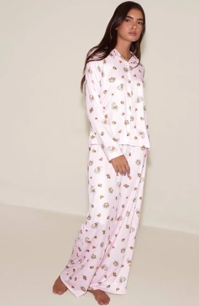 Women's Pink Breakfast Print Long Sleeve Button Through Pajama Set