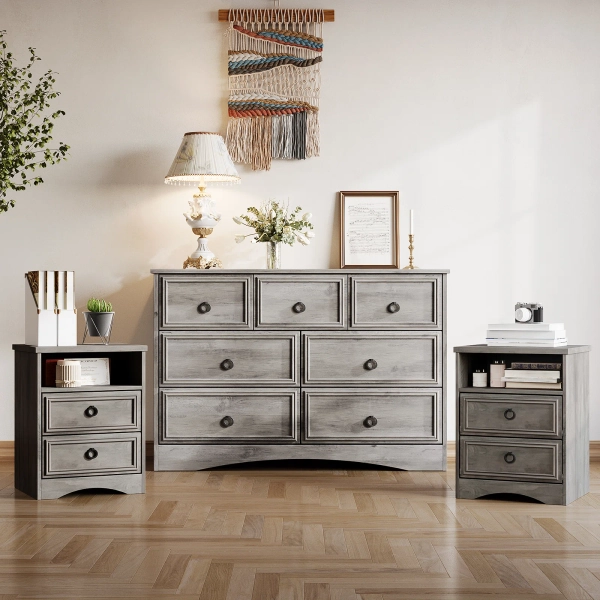 Lark Manor™ 3 Piece Bedroom Dresser Set - 7 Drawer Dresser And Two 2 Drawer Nightstands,Gray Wash | Wayfair