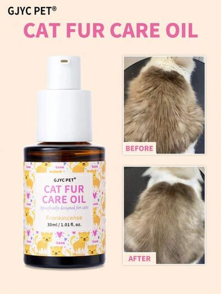 GJYC PET Cat Fur Care Oil – Detangles, Reduces Shedding, Adds Shine With Jojoba Oil, Coconut Oil & Shea Butter – Leave-In Conditioner For Dry Skin & Matted Fur, Cat Grooming Oil For Shiny Coat, 1.01 Fl Oz (30ml) – Calming Frankincense Scent - Size Frankincense