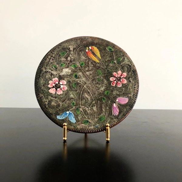 Vintage Turkish Copper Wall Plate: Hand-Painted Floral Decor