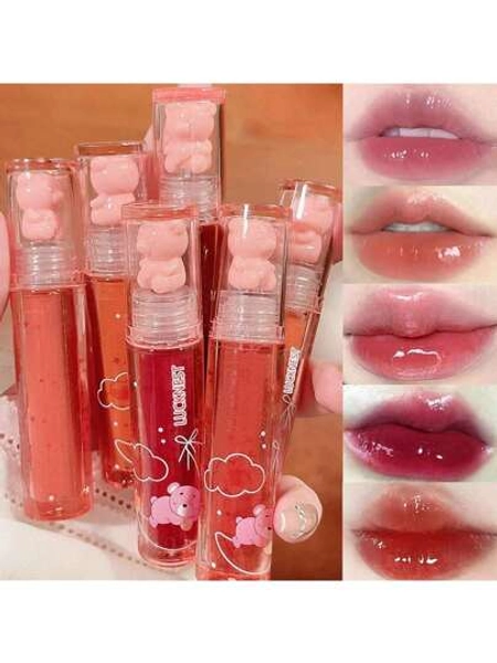 6Pcs Bear Lip Glaze Jelly Lipstick, Liquid Lipstick Cute Bear Lipgloss Moisturizing Lip Stain Plumping Water Lip Gloss Waterproof Long Lasting Cheek Rouge Tint Cosmetics Beauty Makeup