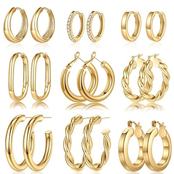 Turandoss 9Pairs Gold Huggie Hoop Earrings for Women Girls - 14K Real Gold Plated Cartilage Earring Set Hypoallergenic, Birthday Christmas Gifts