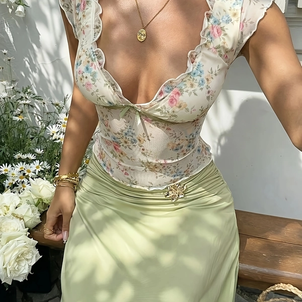 Women's Cream Floral Mesh T-Shirt with Lace Trim & Detail - Square Neck Cropped Short Sleeve -Compatible Top | Pastoral Elegant Suitable for Party Wedding Vacation, Non- Short for - Wear