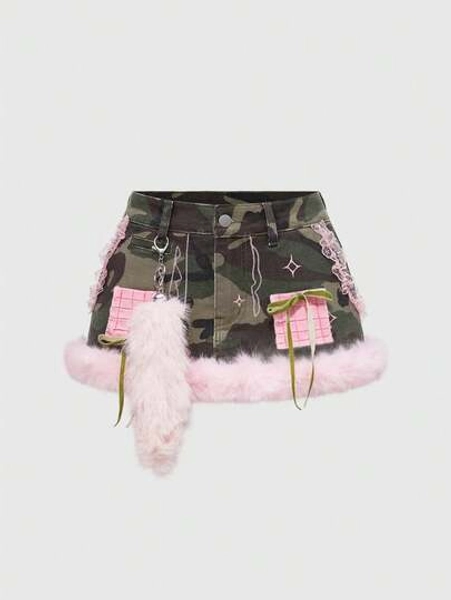 ROMWE J-Fashion Y2K Spicy Camouflage Patchwork Fuzzy Low-Waist Women Denim Mini Skirt - Size M