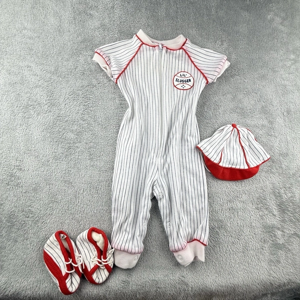 Vintage Lil' Slugger Romper Baby 6-9 Months Stripe Hat Booties 1980s Baseball
