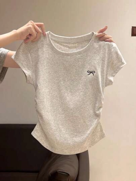 Girls' Butterfly Embroidery Pleated Fitted Round Neck T-Shirt, Casual Versatile Tee For Preteen