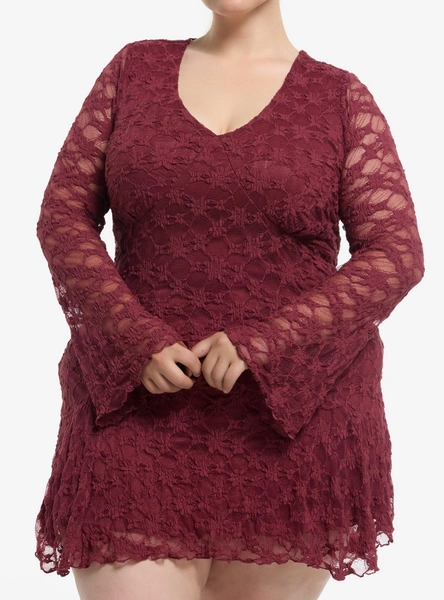 Cosmic Aura Maroon Lace Bell Sleeve Dress Plus Size