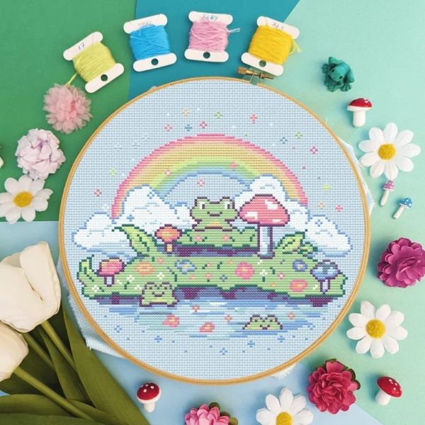 Rainbow Frog Pond Cross Stitch - Cosy Festive Cat Pumpkin Modern Pattern - Digital PDF, Instant Download