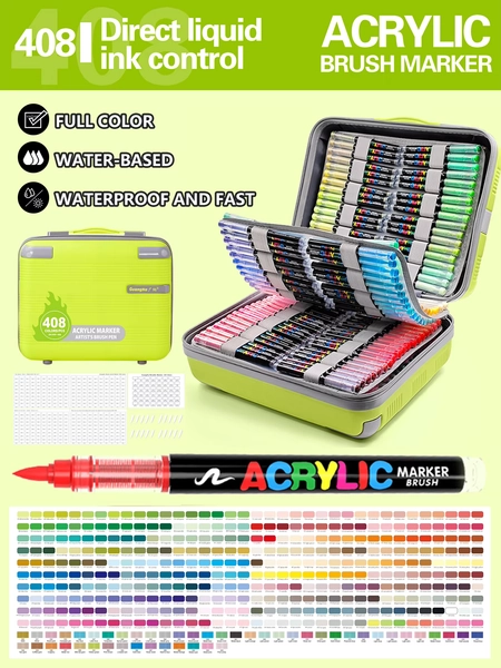 Guangna 408 Colors Acrylic Marker Set with Travel Case | Professional Paint Pens for Artists, Canvas, Rock Painting