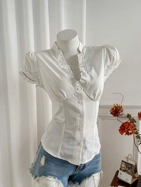 Sweetra Minimalist American Style White Ruffle Trim V-Neck Short Sleeve Shirt, Pleated Cinched Waist Blouse For Women
